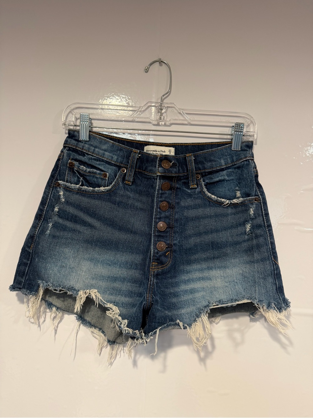 Abercrombie & Fitch Distressed Dark Blue Denim Button-Front Mom Shorts